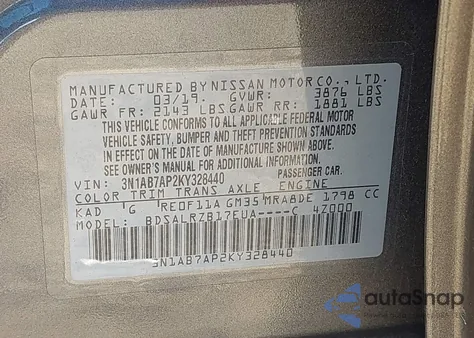 2019 Nissan Sentra Sr из США, поврежденный, VIN 3N1AB7AP2KY328440